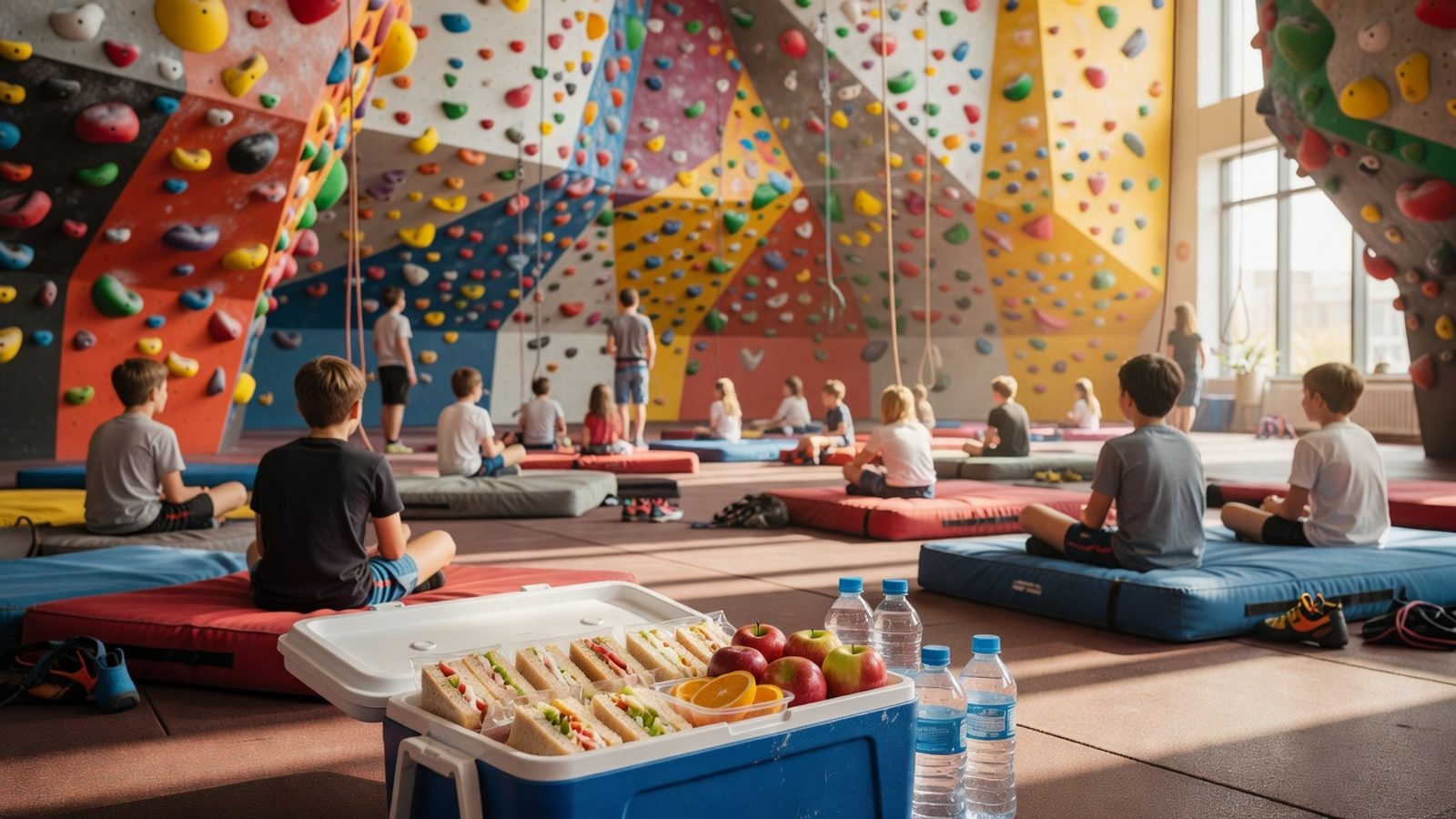Open cooler of snacks in a gym with climbers far in the background