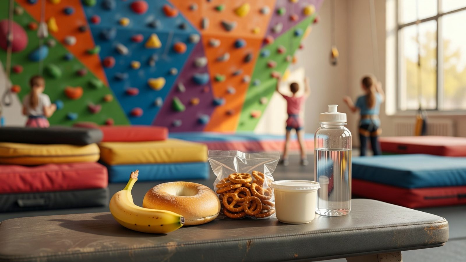 Banana, bagel, pretzels, yogurt, and water on a gym bench