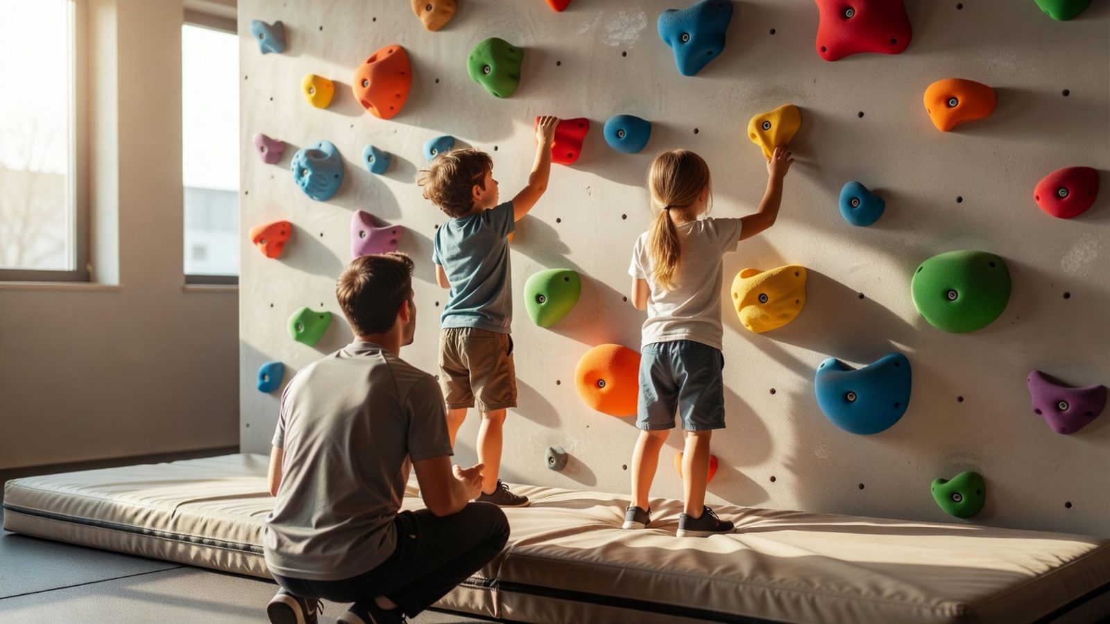 Two children from behind on a low gym traverse above mats