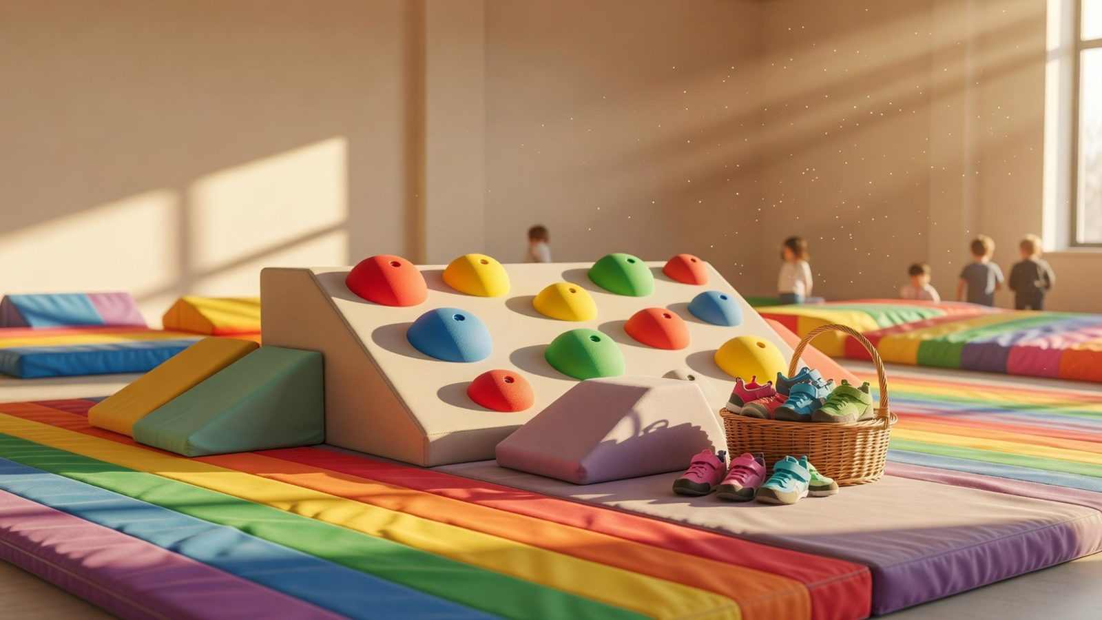 Low kids climbing wall with big holds and bright crash pads