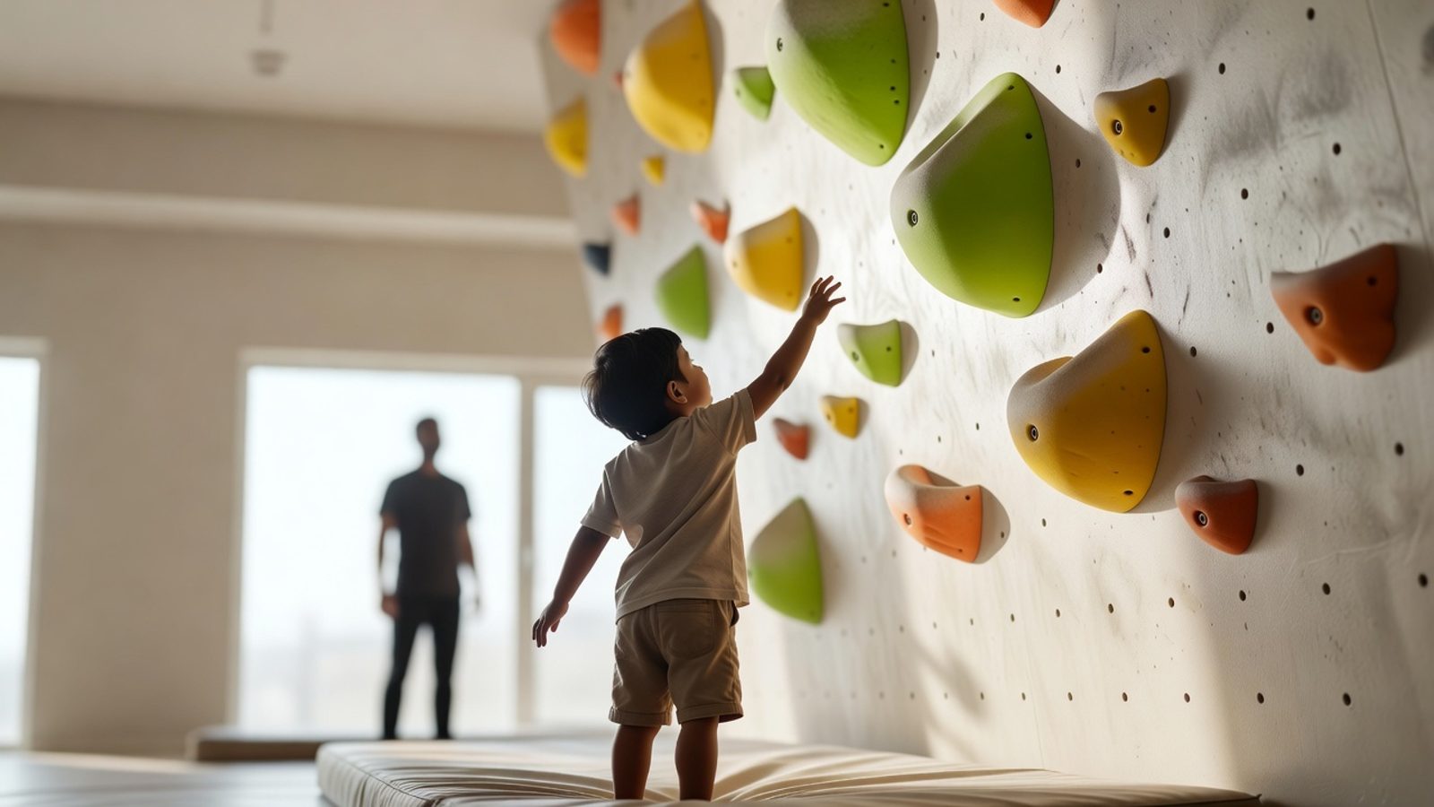 Child from behind looking up at gym holds while shaking out a hand