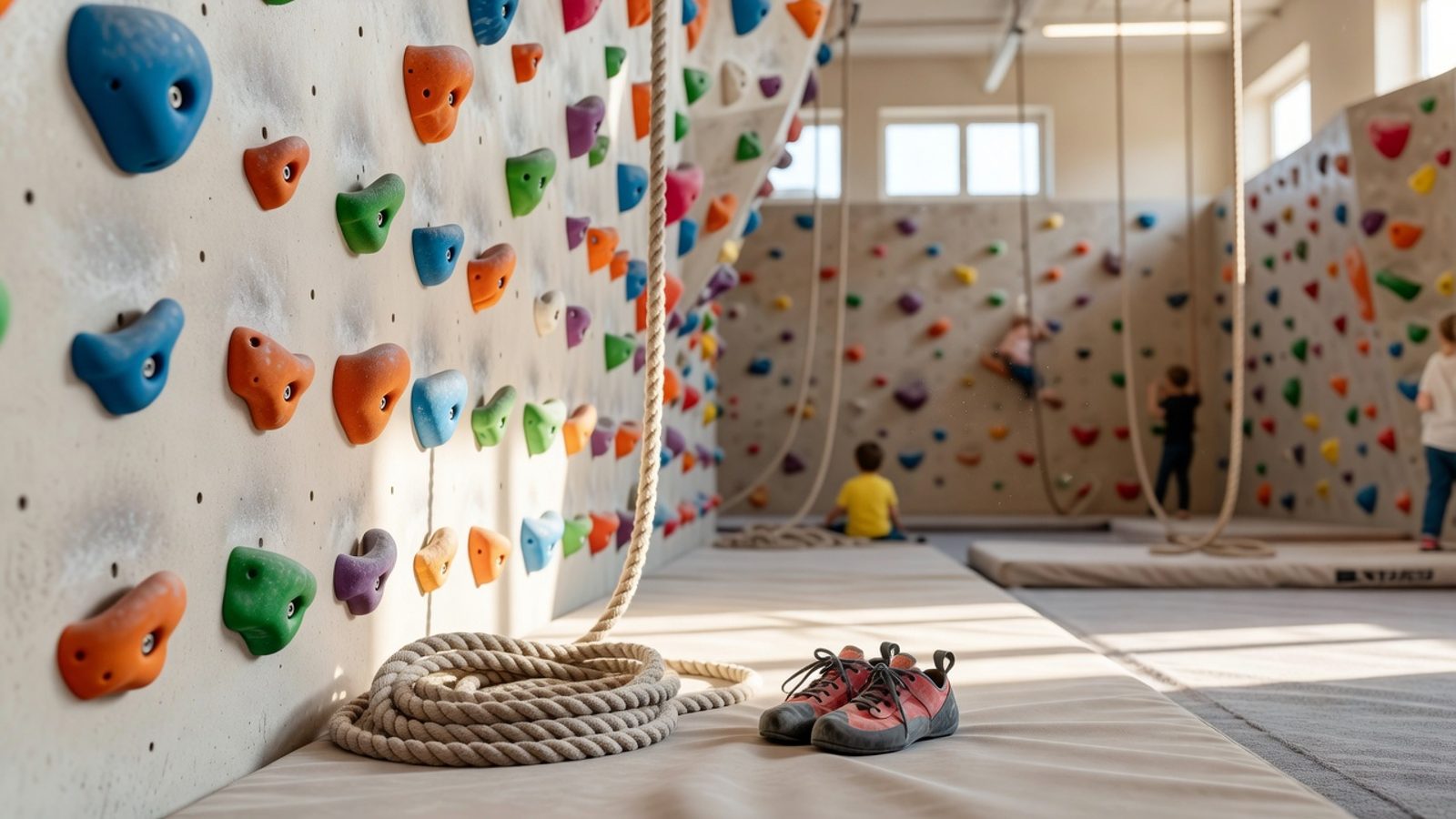 Climbing holds, shoes, and a rope on a gym mat in natural light