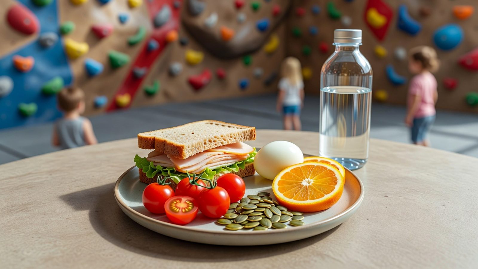 Sandwich, egg, tomatoes, seeds, and orange slices for lunch