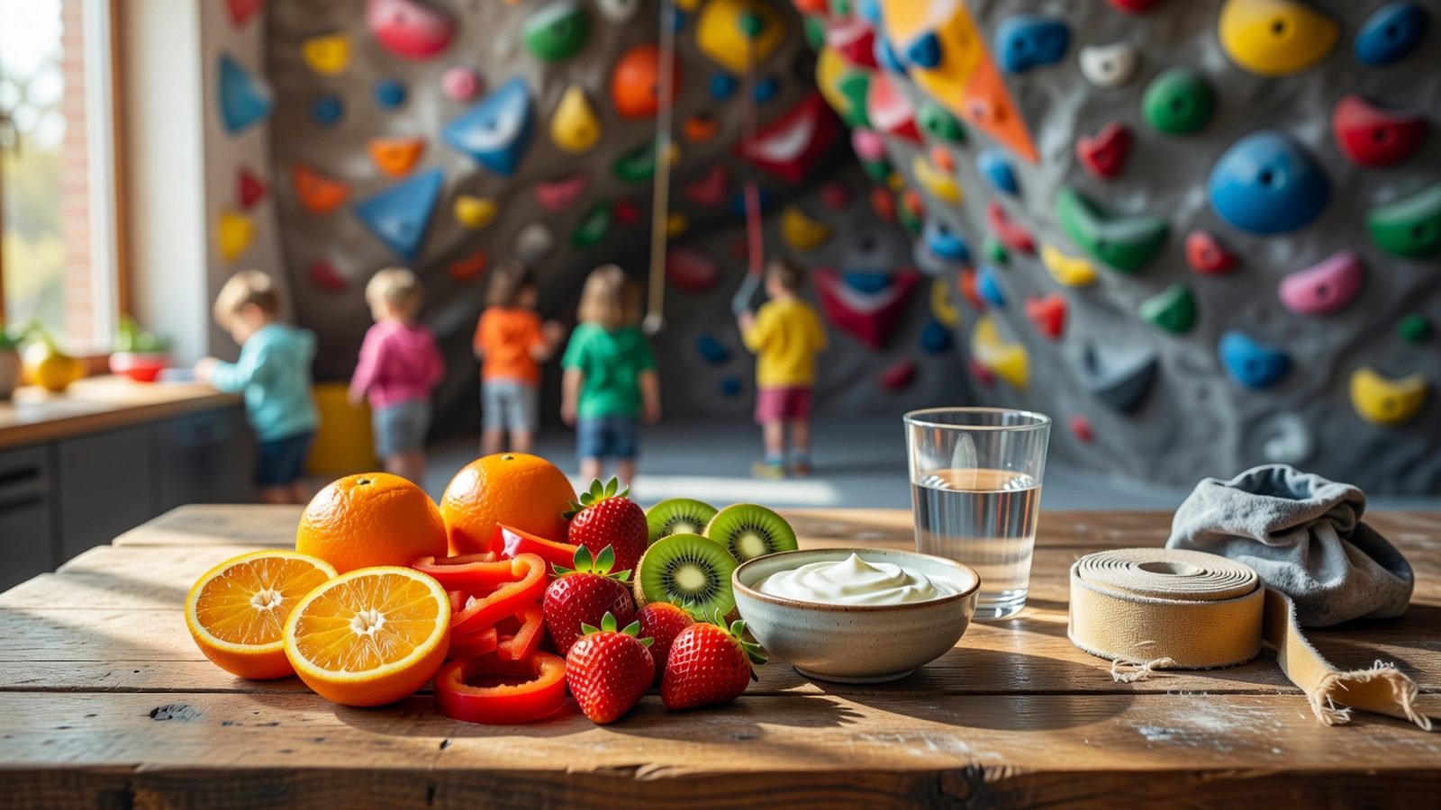 Oranges, peppers, berries, kiwi, and yogurt on a sunny table