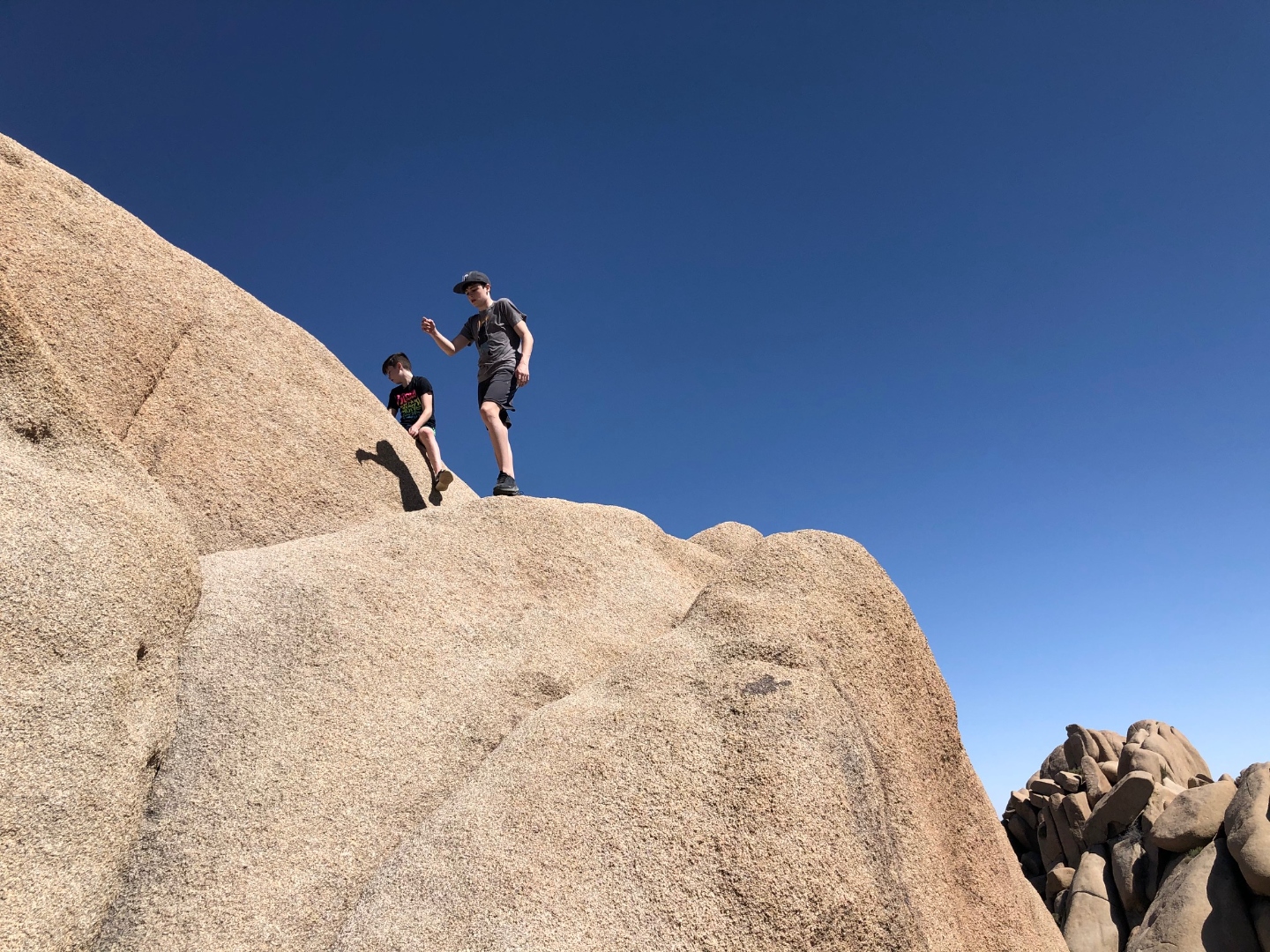 Two kids traversing a boulder in Joshua Tree